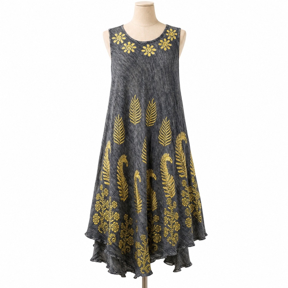 Vintage Y2K Floral Embroidered Handkerchief Hem Dress Size M Gray Indie Festival